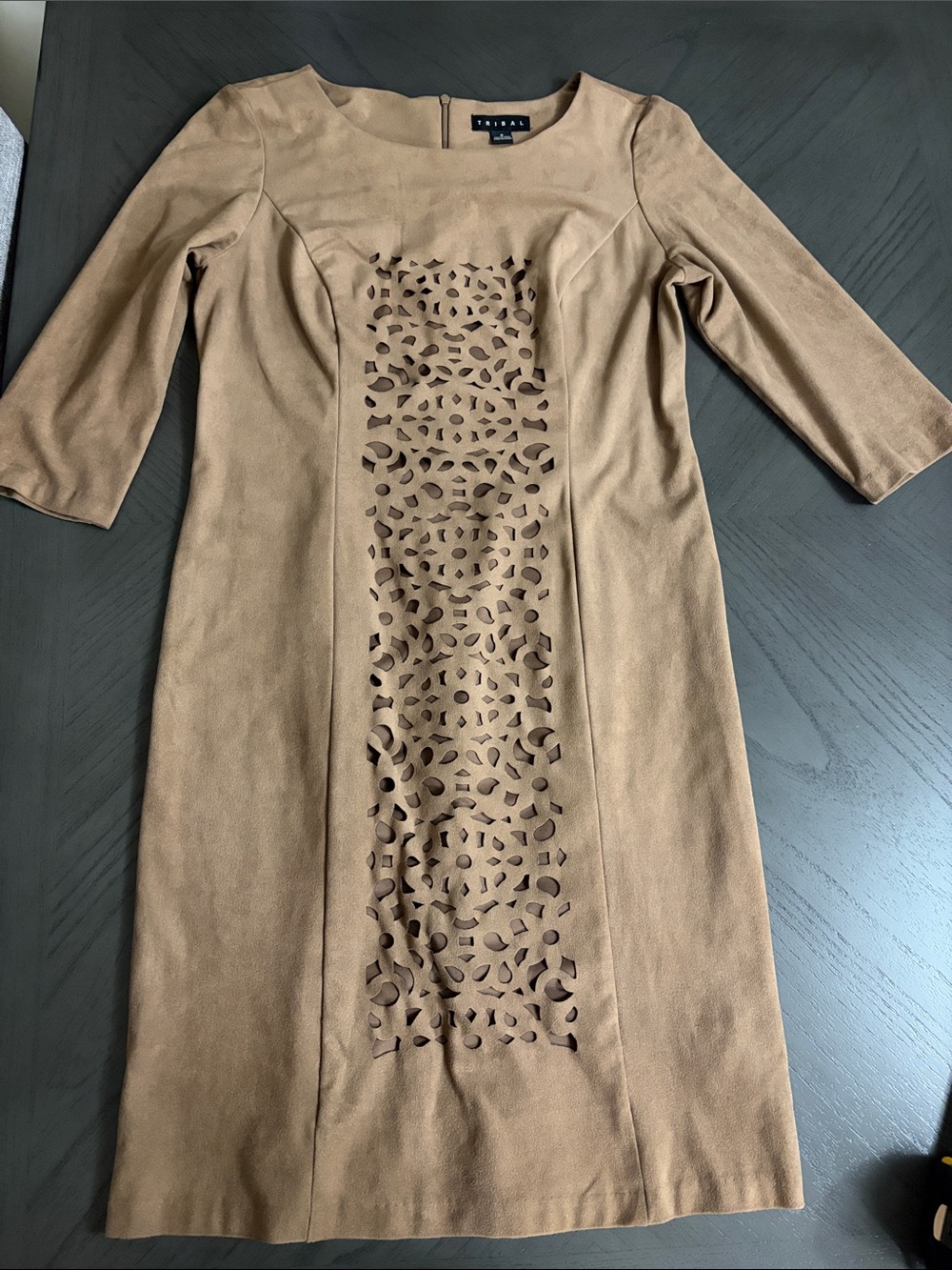 Tribal Tan Laser-Cut Long Sleeve Sheath Dress
